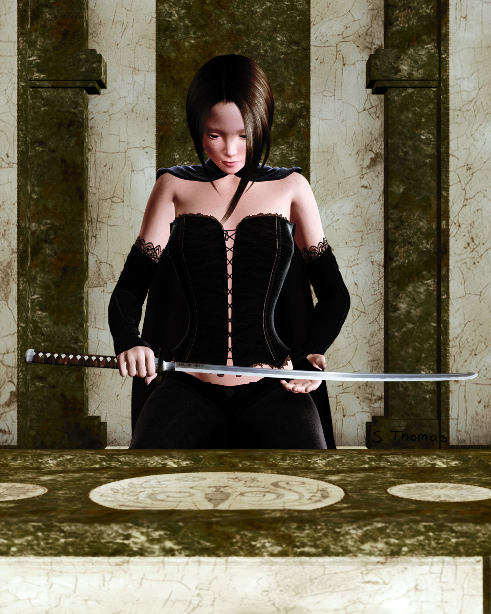 Reverence.jpg - A swordswoman showing reverence for the blade that has kept her alive.  by Thomas Art Studio